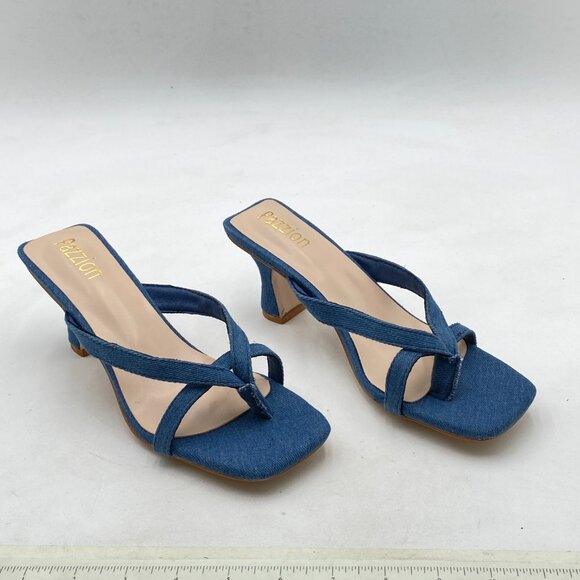 Pazzion Denim Blue Open Square Toe Kitten Heel Flip Flop Sandals Slip On Slipper - Picture 4 of 8